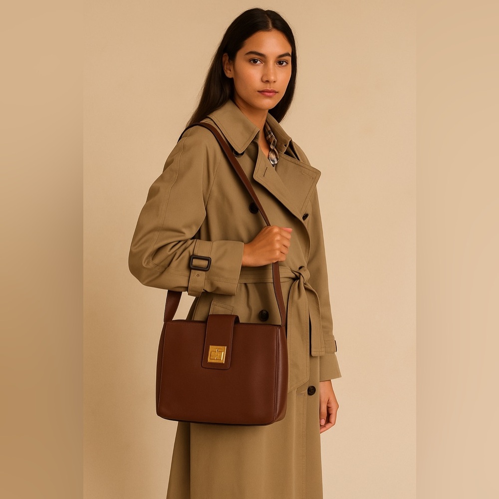 Celine Vintage Brown Leather Click Clack Lock Shoulder Bag